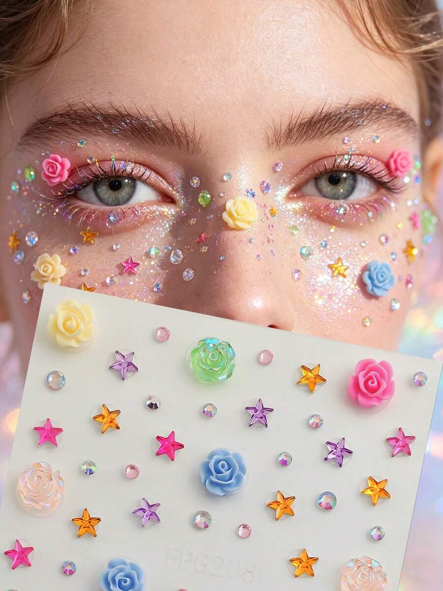 1pc Macaron Rose Starry Face Decorative Rhinestone Sticker, Colorful Soft Gel Rose + Holographic Star Rhinestone Design, Waterproof & Long-Lasting, Suitable For Hanfu, Sweet Girl, Music Festival Makeup,Concert Look,Face Gems,Rhinestone Face Sticker