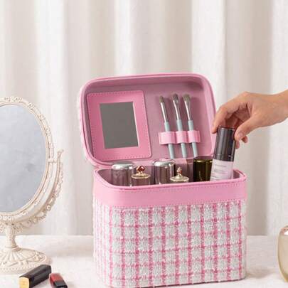 Plaid Pearl Handle Makeup Case With Mirror, Large Capacity PU Leather Travel Cosmetic Organizer, Waterproof Portable Toiletry Bag For Women Girls, Pink Blue Checkered Makeup Storage Box