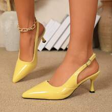 Giày sandal cao gót hở mũi 7cm cho nữ, màu đen, mũi nhọn, gót thấp, quai thun, kiểu dáng cổ tích. - Màu vàng - Xem 17