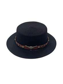 1pc Women's Straw Brimless Boho Flat Top Straw Hat, Summer Beach Sun Hat For Outdoor Travel, Sun Protection,Holiday,Festival - MZ3080+ML42 - View 17