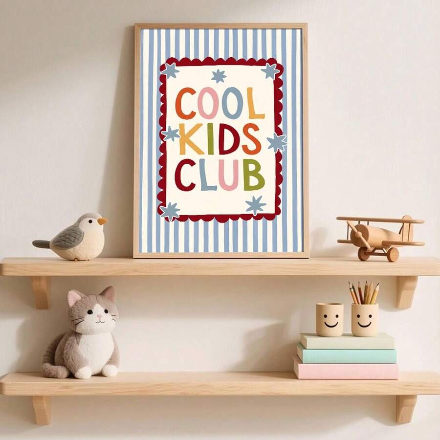 1pc Unframed/Framed Cool Kids Club Kindergarten Canvas Poster, Cute Blue Striped Colorful Slogan Wall Art Print, Minimalist Nursery Kids Room Decor Suitable For Playroom, Children's Room, Bedroom, Modern Home Decor