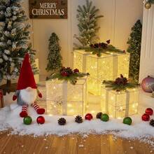 Juego de 3 Cajas de regalode Navidad con luz LED, Decoraciones para Regalos o Regalos de Exterior, Bajo El Árbol de Navidad Paquetes para Fiestas de Interior (Multicolor-C) - Blanco - Ver 7