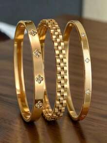 Bộ 3 vòng tay nữ mạ vàng 18K chất lượng cao bằng thép không gỉ hình cỏ bốn lá, bộ trang sức đa năng dành cho nữ, gồm dây chuyền, bánh răng và thiết kế cỏ bốn lá, thời trang đa dụng, phù hợp cho nữ giới. Không phai màu, thích hợp đeo hàng ngày, dự tiệc, ngày lễ, sinh nhật, đám cưới, ngày Valentine, cũng có thể dùng làm quà tặng Ngày của Mẹ cho mẹ. - Vàng - Xem 13