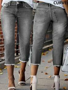 Jeans de talla grande cómodos y entallados hasta la pantorrilla con bolsillos, cierre de cremallera y botón, casuales para primavera - Gris Claro - Ver 2