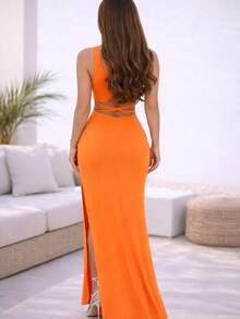 Conjunto falda con abertura delantera plisada  y crop top con cintas en cintura - Naranja - Ver 4