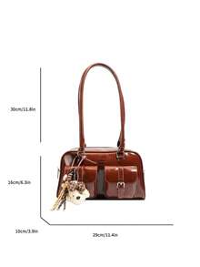 Faux Leather Solid Color Retro Multi-Pocket Large Capacity Women's Shoulder Bag, Comes With Accessory Charm (Accessory Charm May Vary Slightly By Batch) - Brown - View 4