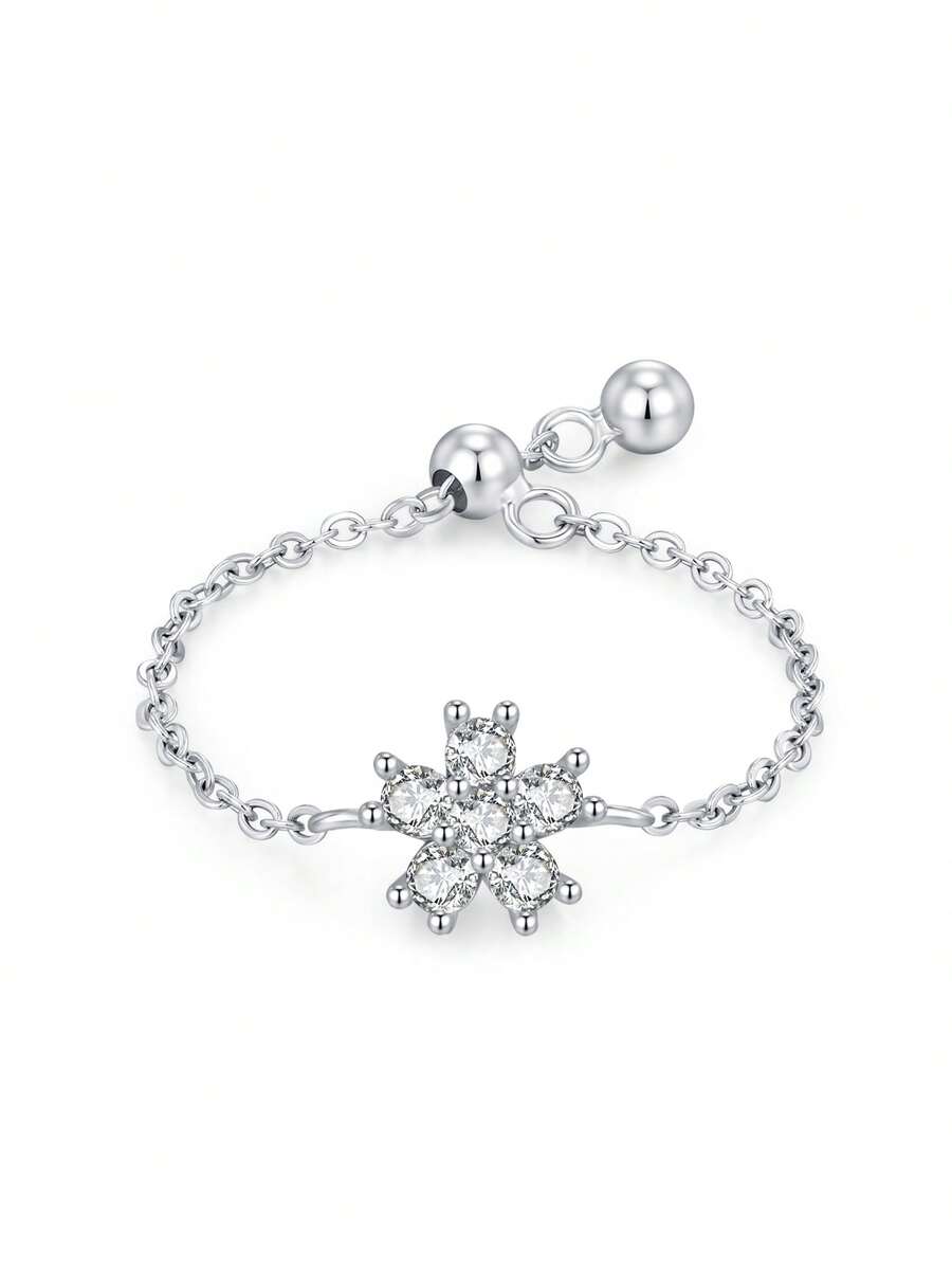 1枚925纯银精致花朵可调节戒指，女士简约风格订婚戒指，精美首饰礼品 - 銀色 - 查看 1