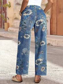 Jeans de pierna recta larga para mujer, elegante estampado floral, pantalones de mezclilla casual, diseño con detalle de botones, elasticidad media para vacaciones de otoño - Azul lavado medio - Ver 4