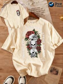 Vintage T-Shirt For Men And Women With Bible Verse "I See No Evil, I Hear No Evil, I Speak No Evil" - Skull And Rose Print, Double-Sided Washed Graphic T-Shirt For Casual Wear In All Seasons, Gifts, Outdoor Activities And Everyday Use - 杏色 - 查看 6