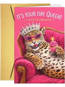 1 pieza Tarjeta de celebración de ocasión especial linda diseñada para mujeres, con un patrón de estampado de leopardo juguetón con corona, gafas de moda, sosteniendo un cupcake, fondo de sofá rosa, para tarjeta de cumpleaños - 18*13 cm - Ver 8