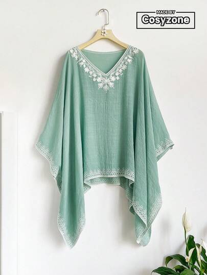 1 pieza Poncho elegante con bordado floral en escote en V, estilo bohemio para primavera/verano como cubreplaya, pullover ligero con protección solar, decoración de lujo versátil, ideal para uso diario y como regalo