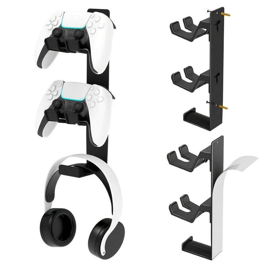 Soporte de pared para controlador de juegos con gancho para auriculares, organizador de pared de metal para gaming que sostiene 2 controladores y 1 auricular, sin necesidad de taladrar, con adhesivo o montaje con tornillo, compatible con P5, Switch y la mayoría de controladores de juegos