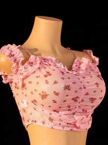 3pcs New Mesh Floral Print Lingerie Set Including Sheer Top, Long Dress, And Shorts - Pink - View 5