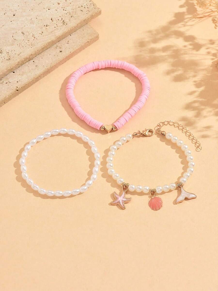 3件套软陶仿珍珠串珠手链套装，配合金海星、贝壳、鱼尾吊坠，甜美粉色，适合夏季郊游、海滩、度假、日常佩戴 - 彩色 - 查看 1
