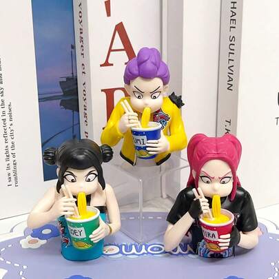  MINISO K-Pop Devil Hunter Rumi, Zoey, Mira Vinyl Figurines, Cute Idol Girl Group Noodle Eating Statue Collectible Desktop Decor Gift, Perfect For Birthdays, Christmas, Back To School For Family And Friends Office Desk Desk Office Supplies Office Accessories
