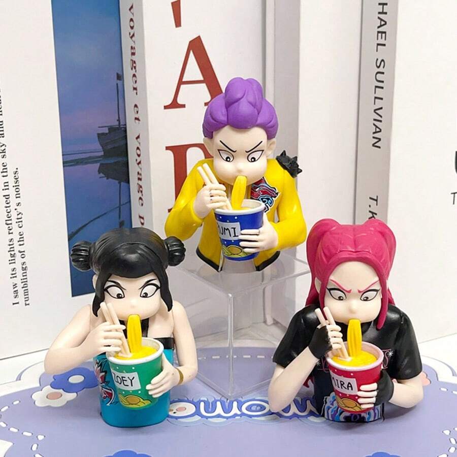 Bộ sưu tập tượng nhỏ MINISO K-Pop Devil Hunter Rumi, Zoey, Mira, tượng thần tượng nữ dễ thương đang ăn mì, đồ trang trí bàn làm việc, quà tặng hoàn hảo cho sinh nhật, Giáng sinh, tựu trường cho gia đình và bạn bè, đồ dùng văn phòng, phụ kiện văn phòng phẩm