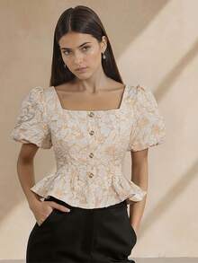 1 chiếc áo kiểu tay ngắn Amyenjoylife Modern Filipiniana Peplum cài nút bèo nhún, thích hợp mặc đi làm, đi nghỉ mát, hẹn hò, mùa hè, màu Champagne - Rượu sâm banh - Xem 4