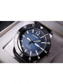 CITIZEN AW0077-19LB Men's Driving Watch, 100M Water Resistant, Black Leather Strap, Luminous Hands, Date Display - Blue - View 2