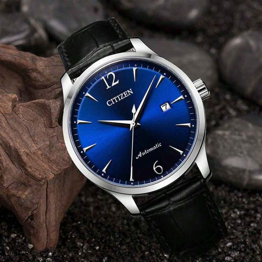 CITIZEN Đồng hồ cơ tự động nam NJ0110-18L, mặt số xanh dương, vỏ thép không gỉ 40mm, dây da đen, hiển thị ngày, đồng hồ đeo tay công sở - màu đen - Xem 1