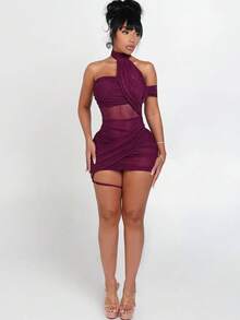 Sexy Mesh Splicing Cross Wrap Ruched Bodycon Mini Dress - Solid Color Strappy Leg Detail Party Dress Summer Vacation Outfits Vestidos Elegantes De Mujer - 酒紅色 - 查看 1