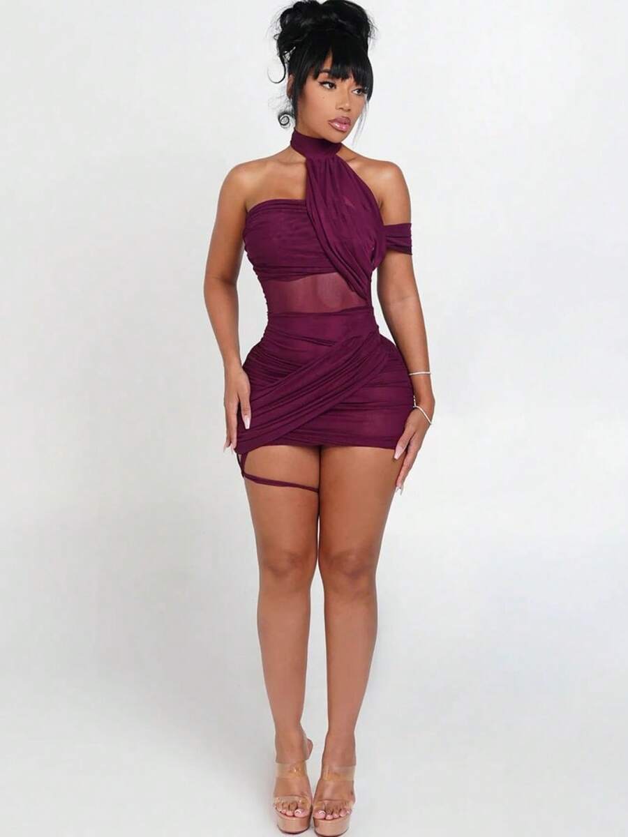 Sexy Mesh Splicing Cross Wrap Ruched Bodycon Mini Dress - Solid Color Strappy Leg Detail Party Dress Summer Vacation Outfits Vestidos Elegantes De Mujer - 酒紅色 - 查看 1