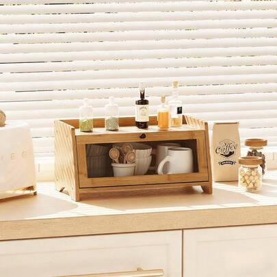 1pc Bread Box, Bamboo Bread Storage Box For Kitchen Countertops, Kitchen Decoration, Corner Bread Box, Large Capacity, Food Storage Box, Food Storage Rack
