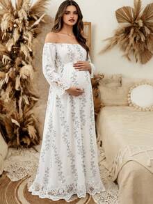 Maternity Off-Shoulder Embroidered Lace Dress, White Loose Flowing Pregnancy Gown, Plus Size Everyday Maternity Dress Fall - White - View 1