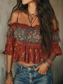 Áo kiểu trễ vai phong cách Bohemian với họa tiết in toàn thân và viền bèo nhún, thích hợp cho kỳ nghỉ hè. - Nhiều màu - Xem 4