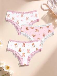 Aesletic 3pcs/Set Polka Dot Bow & Bear Print Lace Trim Comfortable Cute Women's Panty Set, Pink - Multicolor - View 1