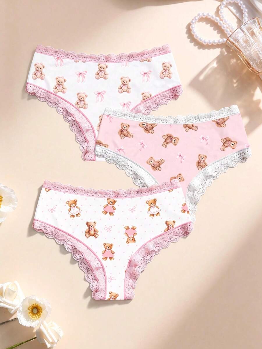 Aesletic 3pcs/Set Polka Dot Bow & Bear Print Lace Trim Comfortable Cute Women's Panty Set, Pink - Multicolor - View 1