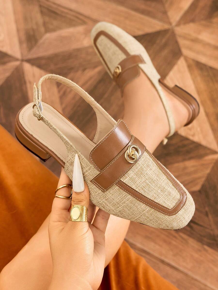 Women's Slingback Round Toe Color Block Linen Backstrap Flat Loafers, Comfortable Low Block Heel Slip-On Shoes For Commuting, Party, Holiday - Brown - View 1
