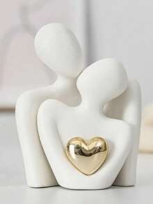 1pc Minimalist Abstract Couple Embracing Sculpture With Golden Heart Shape, Romantic Home Decor For Living Room, Bedroom, Office Shelf, Couple Gift Sculpture, Modern Art Home Decoration - View 1