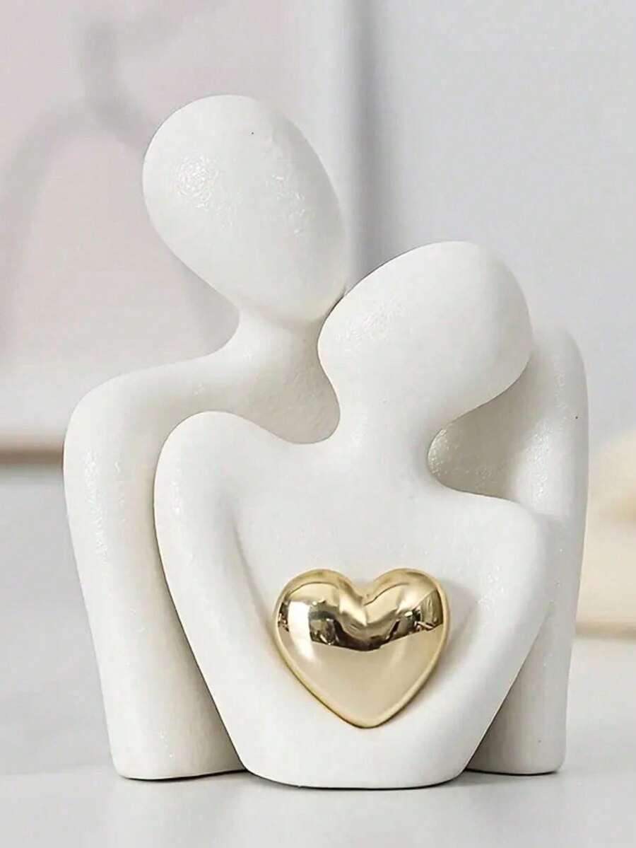 1pc Minimalist Abstract Couple Embracing Sculpture With Golden Heart Shape, Romantic Home Decor For Living Room, Bedroom, Office Shelf, Couple Gift Sculpture, Modern Art Home Decoration - View 1