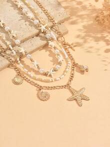 3pcs/Set Summer Beach Vacation Style Starfish, CCB Faux Pearl, Beaded Necklace, Fashion Versatile Ocean Creature Multi-Pendant Necklace, Suitable For Daily Wear, Vacation, Party, Date. The Bead Color Arrangement Is Random. - Multicolor - View 3