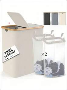 1pc Large Capacity Laundry Basket With Lid & Removable Lining, Bamboo Handle, Suitable For Dorm, Bedroom, Bathroom Storage & Organization, Foldable Laundry Hamper, Recycling Bin, Classic Design, Multi-Functional, Rectangular, Fits Various Room Types - 1 - View 7