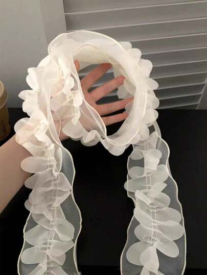 女士蕾丝珍珠长方形围巾，优雅春夏新款领带、发带、颈部配饰，纯色休闲涤纶围巾