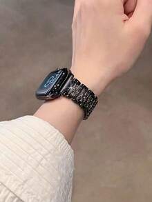 1 chiếc vòng tay thời trang sáng bóng bằng kim loại đen, phù hợp cho 38mm 40mm 41mm 42mm 45mm 46mm 49mm, tương thích với Apple Watch Series 11 10 9 8 7 6 5 4 3 2 1 SE Ultra, dây đeo có thể điều chỉnh, dây đeo bằng thép không gỉ đính kim cương. - màu đen - Xem 4