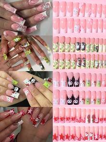 SANRIO 96片（4种混合款式）Hello Kitty 3D凝胶豹纹和牛仔法式美甲贴纸，包含可爱的Hello Kitty、Kuromi、My Melody、蝴蝶结、星星、水钻、珍珠和花朵装饰，完美适用于亚克力指甲，附赠1瓶胶水和1个指甲锉，适合女性和女孩日常佩戴和派对场合。 - 彩色 - 查看 3