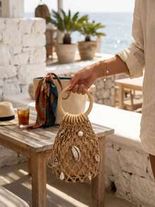 Handwoven Straw Beach Bag, Women's Summer Tote Bag, Hollow Round Top Woven Bag, Beach Vacation Accessory - Khaki - View 2