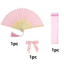 3件套婚礼手扇礼盒，女士折叠手扇，粉色蝴蝶结，流苏，透明欧根纱袋，婚礼派对装饰，派对用品，小礼物，适用于婚礼、新娘送礼会、伴娘拍照道具、节日等场合。 - 彩色 - 查看 12