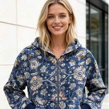 Women's Retro Washed Zip-Up Hoodie 2026 Autumn New Street Style Floral Zip-Up Jacket - Màu xanh lam - Xem 1