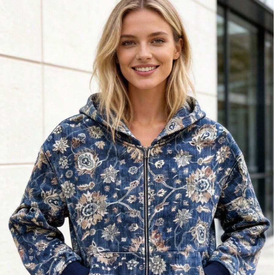 Women's Retro Washed Zip-Up Hoodie 2026 Autumn New Street Style Floral Zip-Up Jacket - Màu xanh lam - Xem 1