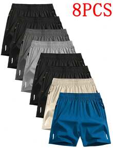 Boys' Shorts, 8-Pack, Summer Thin Breathable Casual Pants, Loose Fit, Versatile Five-Point Pants - 黑4+湖藍+卡其+淺灰+深灰 - 查看 1