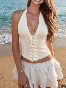 Áo dệt kim không tay cổ yếm hở lưng dành cho nữ, kiểu dáng mùa hè sành điệu, có chi tiết dây buộc. Trang phục đi nghỉ mát, áo mùa hè, phong cách đường phố. - Màu mơ nhạt - Xem 4