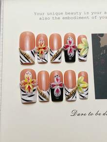 10pcs Handmade Nails Square Nail Tips Acrylic Press On Nails Medium, Western Nails Pink Nails, White Zebra Pattern French Tip Nails, Handpainted Gradient Floral 3D Carved Embossed Flower, Pearl Inlaid European & American Style Luxury Fall Press On Nails, Y2K Baddie Goth Junk Aesthetic, Versatile Nails DIY False Nail Art Party Daily & Dating Use Beach Tropical Getaway Suitable Reusable, For Women & Girls As Gift Nail Supplies - Multicolor - View 2