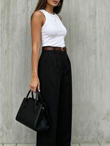 Women's High-Waisted Pleated Loose Fit Trousers, Suitable For Work And Casual Occasions, Black Color (Belt Not Included), Spring/Summer - Black - View 1