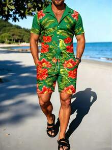 Men's Floral Print Casual Vacation Shirt And Shorts Beach Outfit - Multicolor - View 5