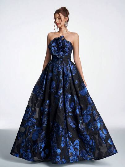 Vestido largo elegante de noche para mujer con decoración floral 3D, sin tirantes y de cintura alta para bodas y fiestas