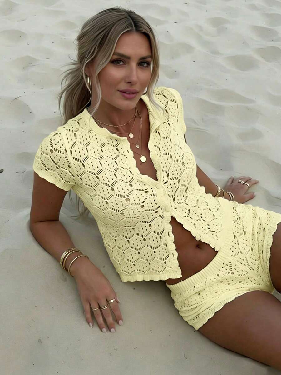 Women's Summer Vacation Set, Crochet Mesh Sexy Hollow Out Beach Short Sleeve Knit Cover Up + Shorts 2 Piece Set - Women's Vacation 2 Piece Set, Crochet Cover Up Nightclub Outfit, Women's Sexy Fitted Style - Light Yellow - View 1
