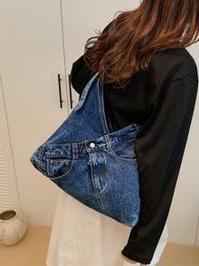 New Fashion Denim Shoulder Bag, Multi-Functional Commuter Large Capacity Women's Crossbody Bag, Casual Denim Tote Suitable For Commuting And Shopping, Perfect For Denim Girls - Dark Wash - View 7